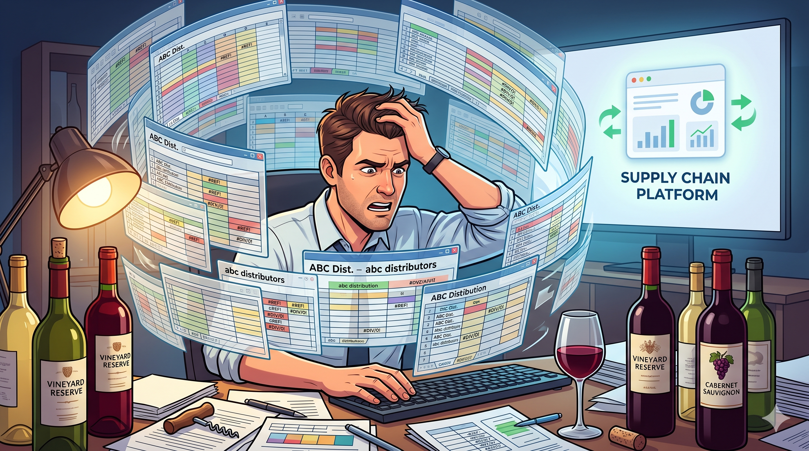 A frustrated supply chain manager surrounded by cascading error-filled spreadsheets, with wine bottles on the desk and a supply chain platform shown on a monitor in the background
