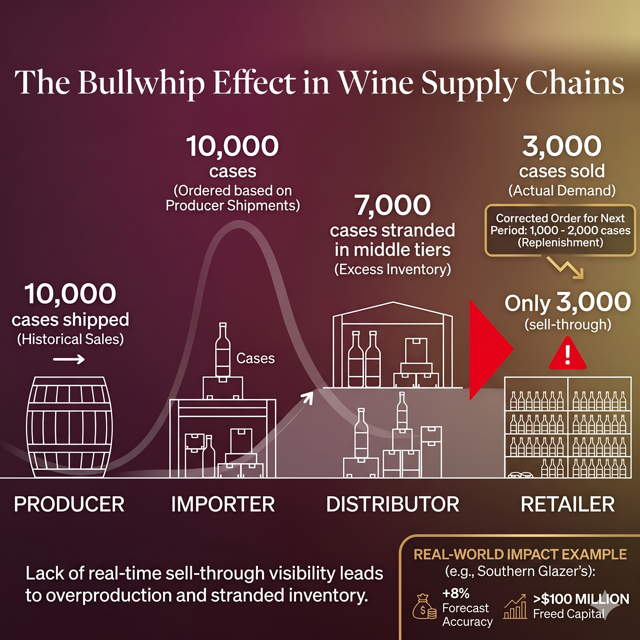 Infographic: The Bullwhip Effect in Wine Supply Chains — 10,000 cases shipped, 3,000 sold at retail, 7,000 stranded in middle tiers across producer, importer, distributor, and retailer
